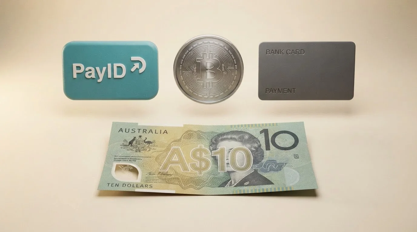 Three payment-method icons — PayID, a crypto wallet, and a bank card — arranged above a stylised A$10 note