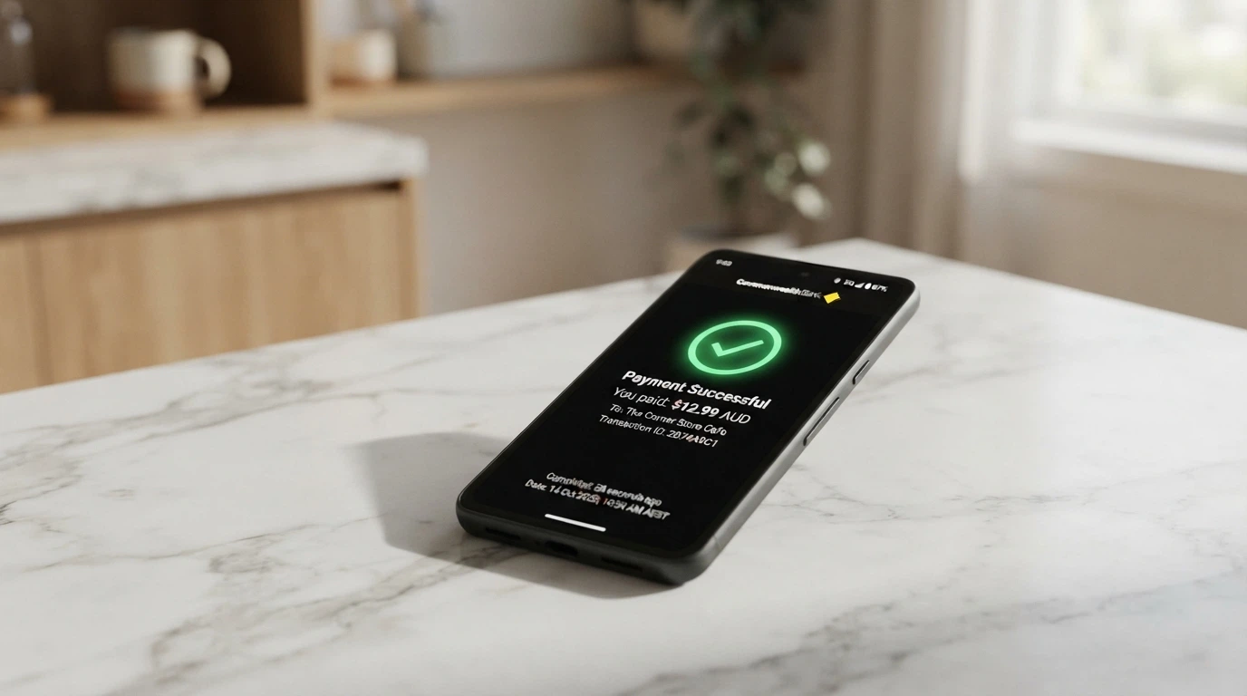 A smartphone screen showing a PayID payment confirmation with a timestamp under 30 seconds