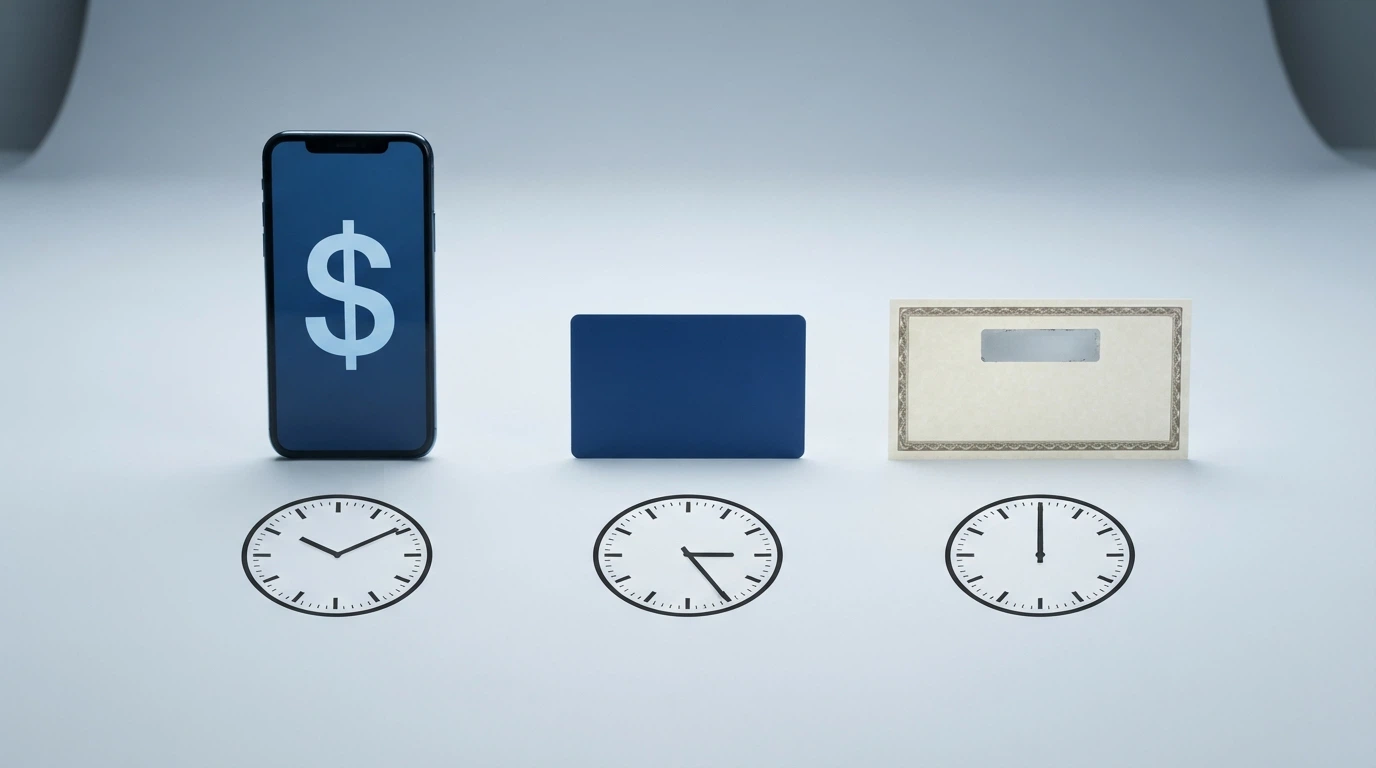 Three Australian payment logos — PayID, a debit card, and a Neosurf voucher — arranged side by side with a digital clock showing different payout times beneath each