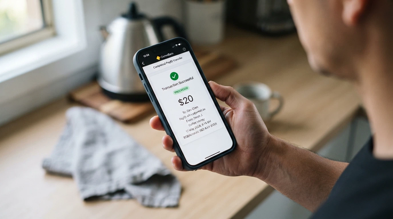 A smartphone banking app screen showing a PayID transfer marked as processed, with an Australian bank interface