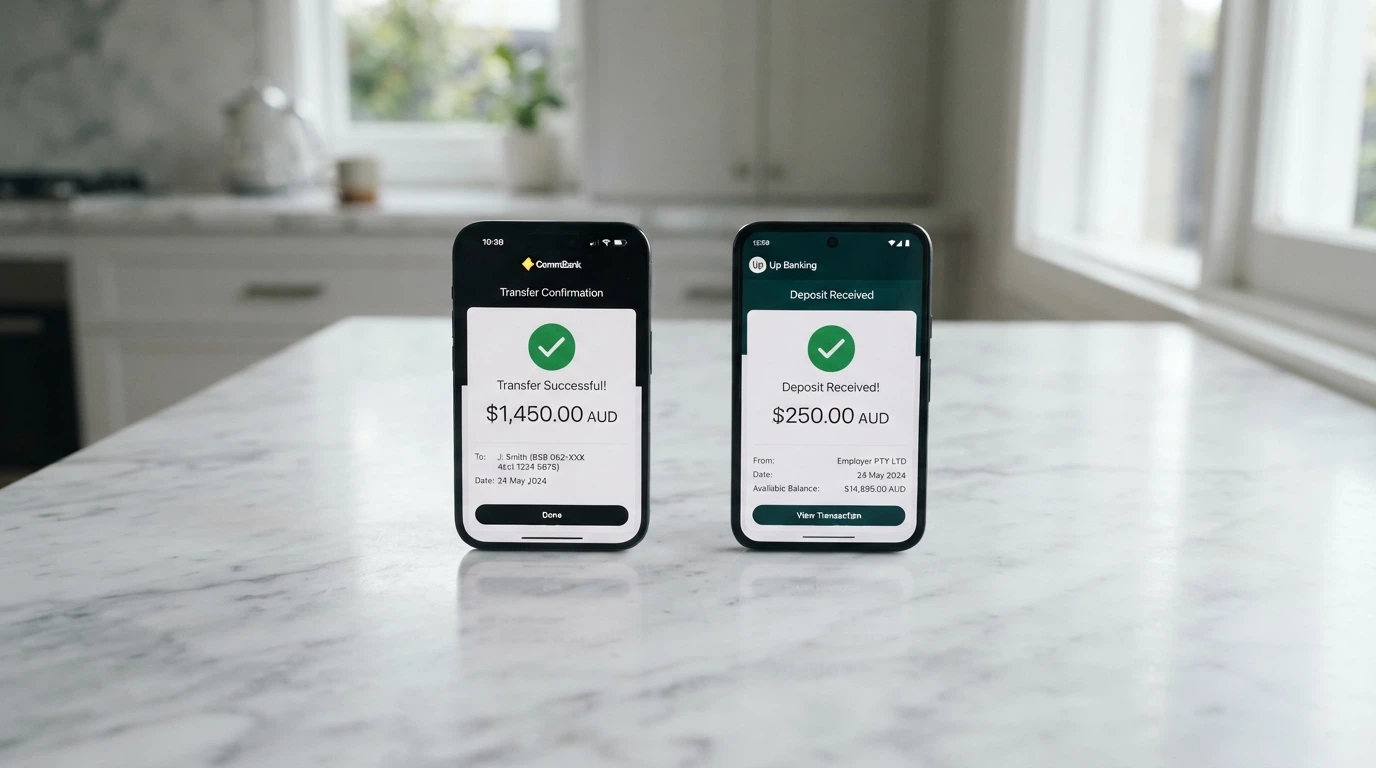 An Australian banking app displaying a PayID transfer confirmation on one phone and a casino deposit-success screen on another