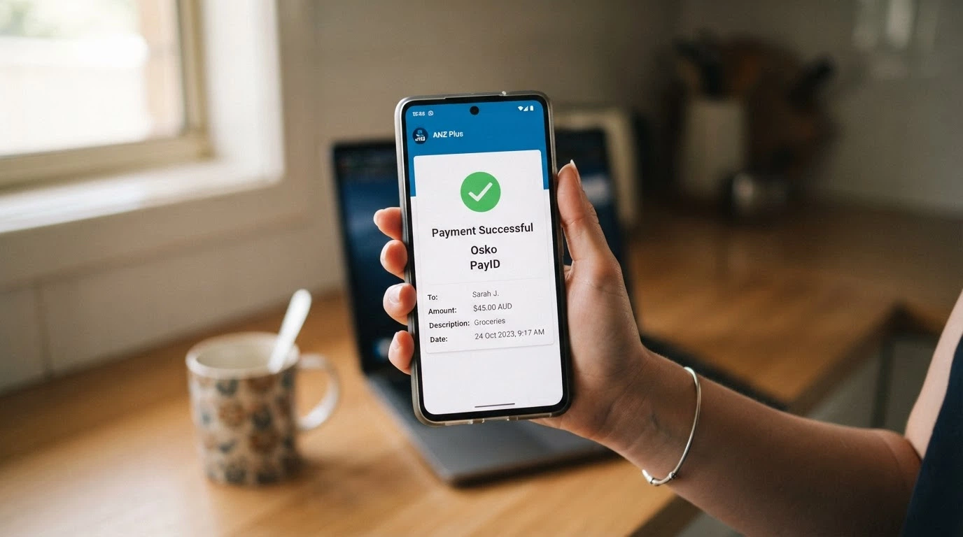 A bank app screen showing a completed Osko payment with the PayID identifier and transaction time stamp visible