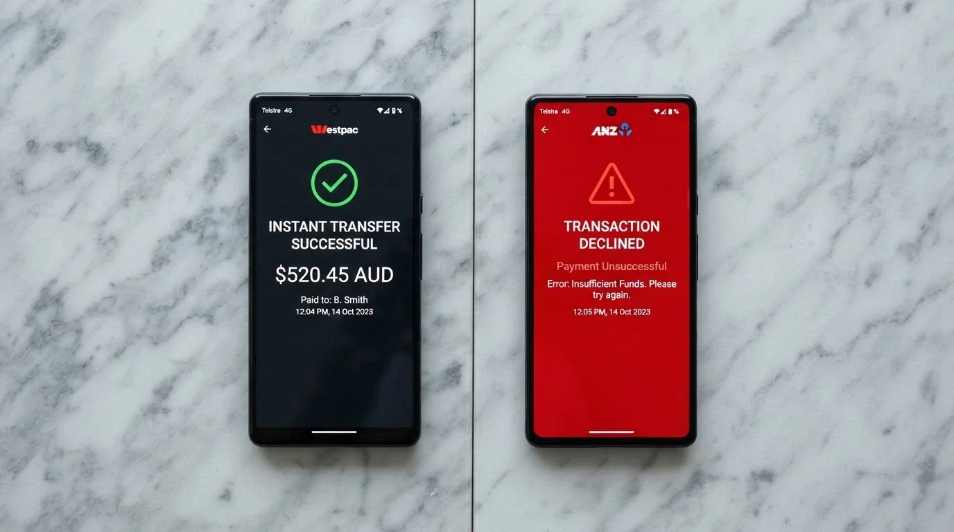 A split image: on one side a phone showing a PayID transfer confirmation in under 60 seconds, on the other an Australian bank app with a transaction-decline notice for an offshore gambling payment
