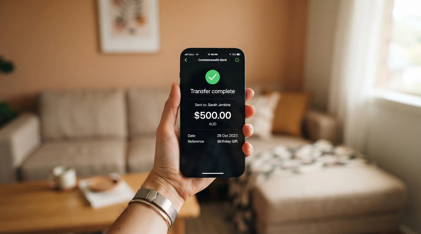 A smartphone showing a banking app with a PayID transfer confirmation on screen
