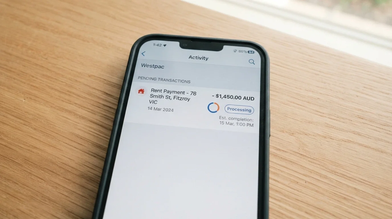 iPhone displaying a banking app with a pending casino withdrawal transaction and a processing-time estimate