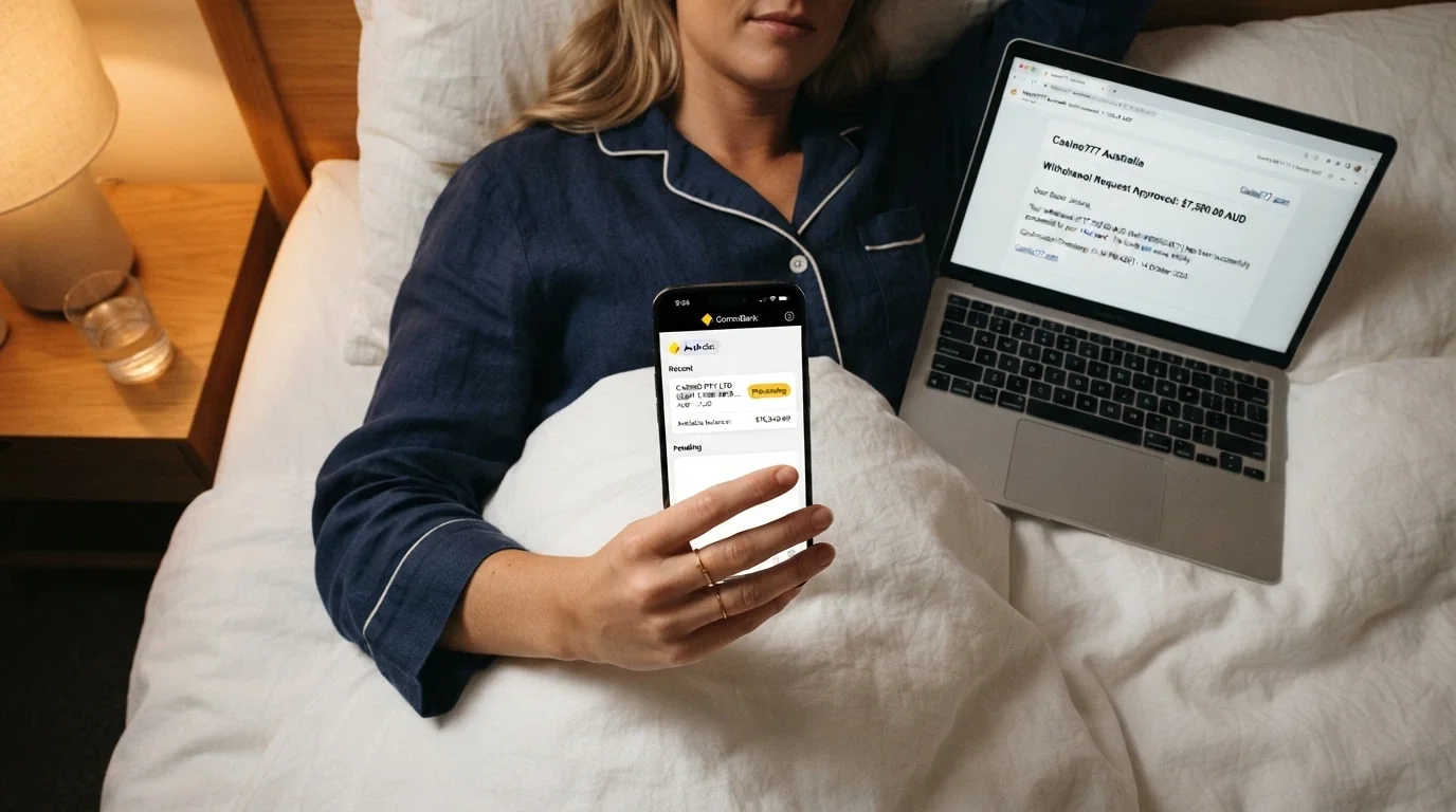 A banking app screen showing a PayID transaction marked “Processing” next to a casino withdrawal confirmation email with a timestamp two hours earlier