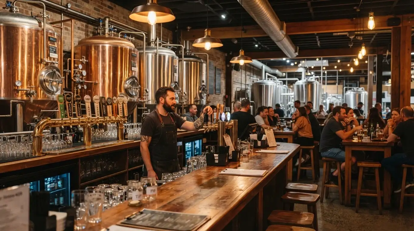 Pirate Life's brewing tanks behind the bar at The District, a row of taps pulling fresh beer, the casual dining area visible beyond