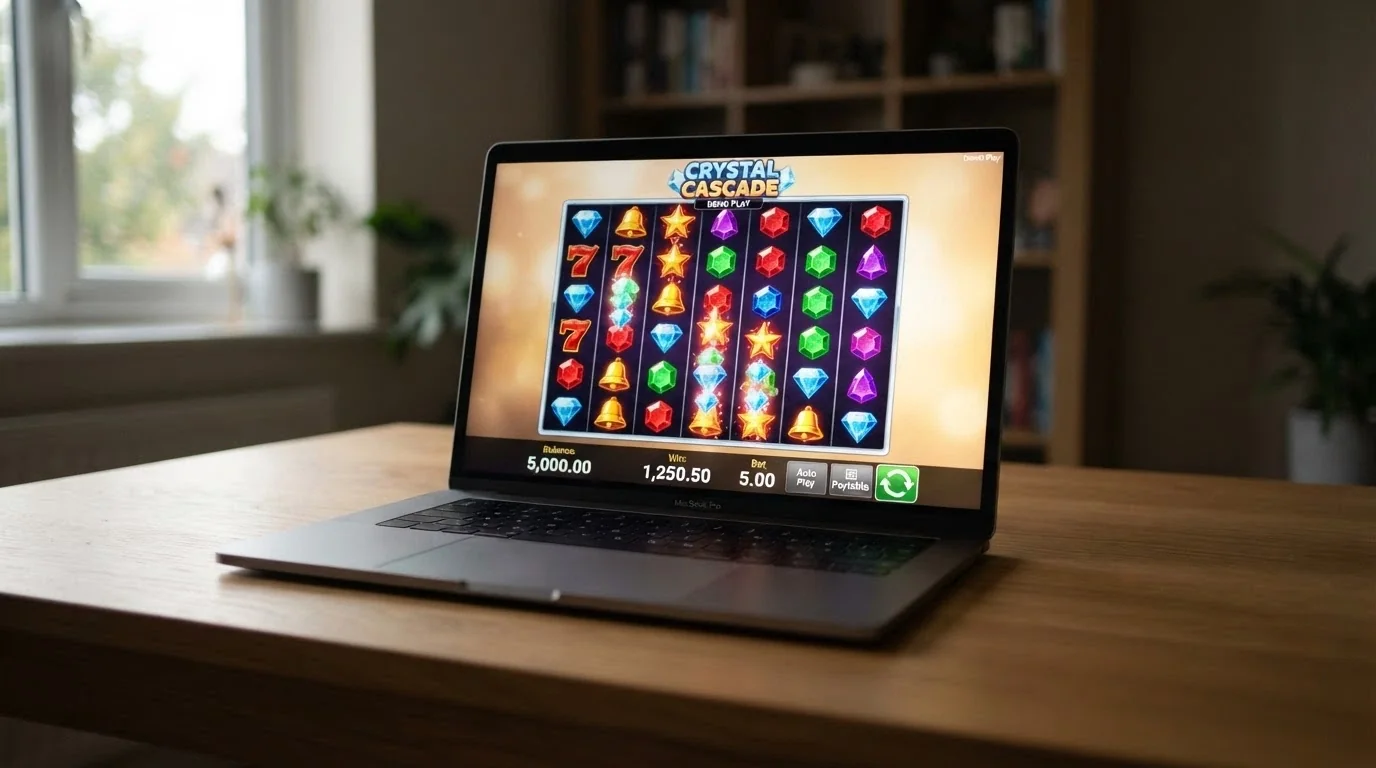 A browser window showing a 7-reel pokie in demo mode with a play-money balance visible and no sign-up form on screen