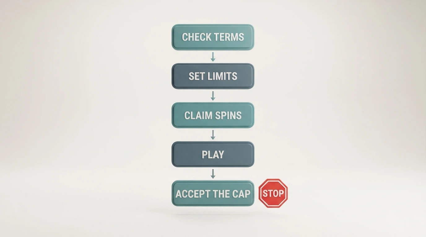 A simplified decision diagram showing the steps: check terms → set limits → claim spins → play → accept the cap, with a stop sign at “chase losses”