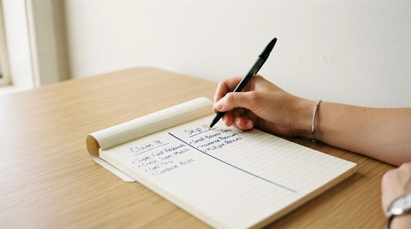A person's hand holding a pen over a notepad divided into two columns labelled 'Claim It' and 'Skip It', with brief notes written beneath each heading.