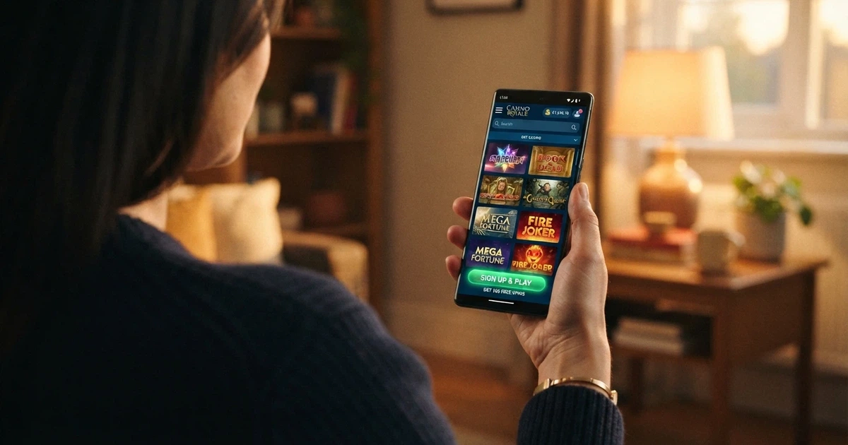 A smartphone screen showing a colourful online casino lobby with rows of pokies game thumbnails and a prominent sign-up button, held in a hand against a neutral background.