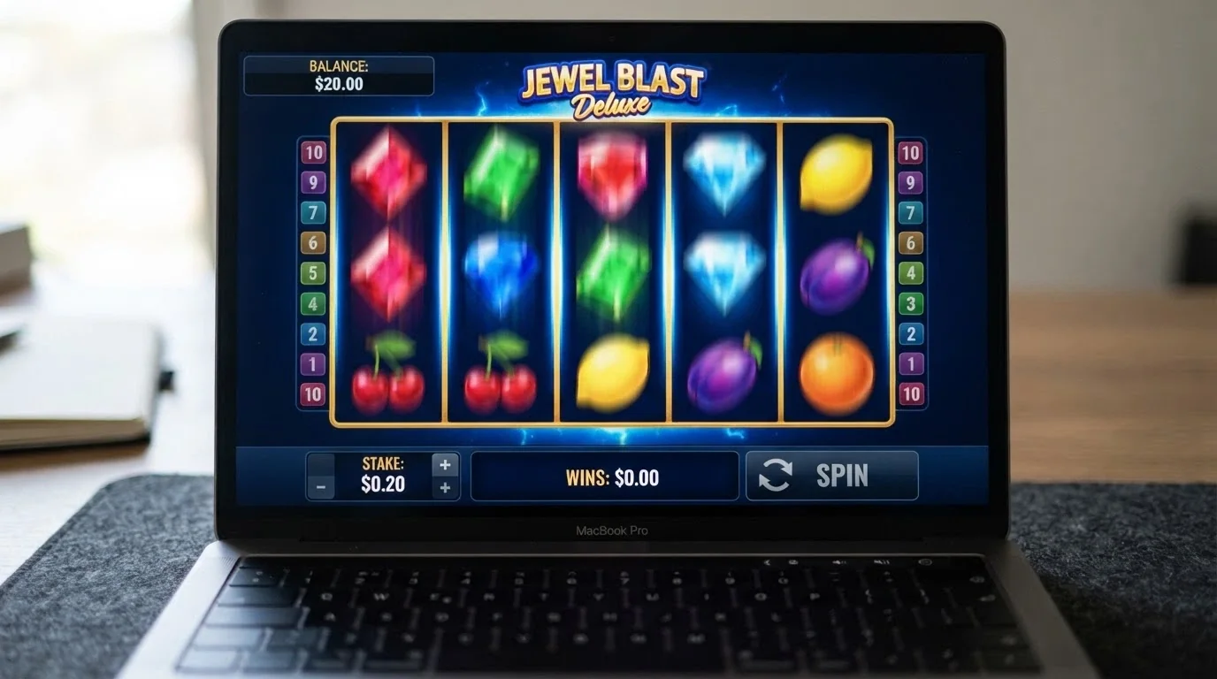 A close-up of an online pokies screen showing an active spin, a $20 balance and a stake selector set to $0.20