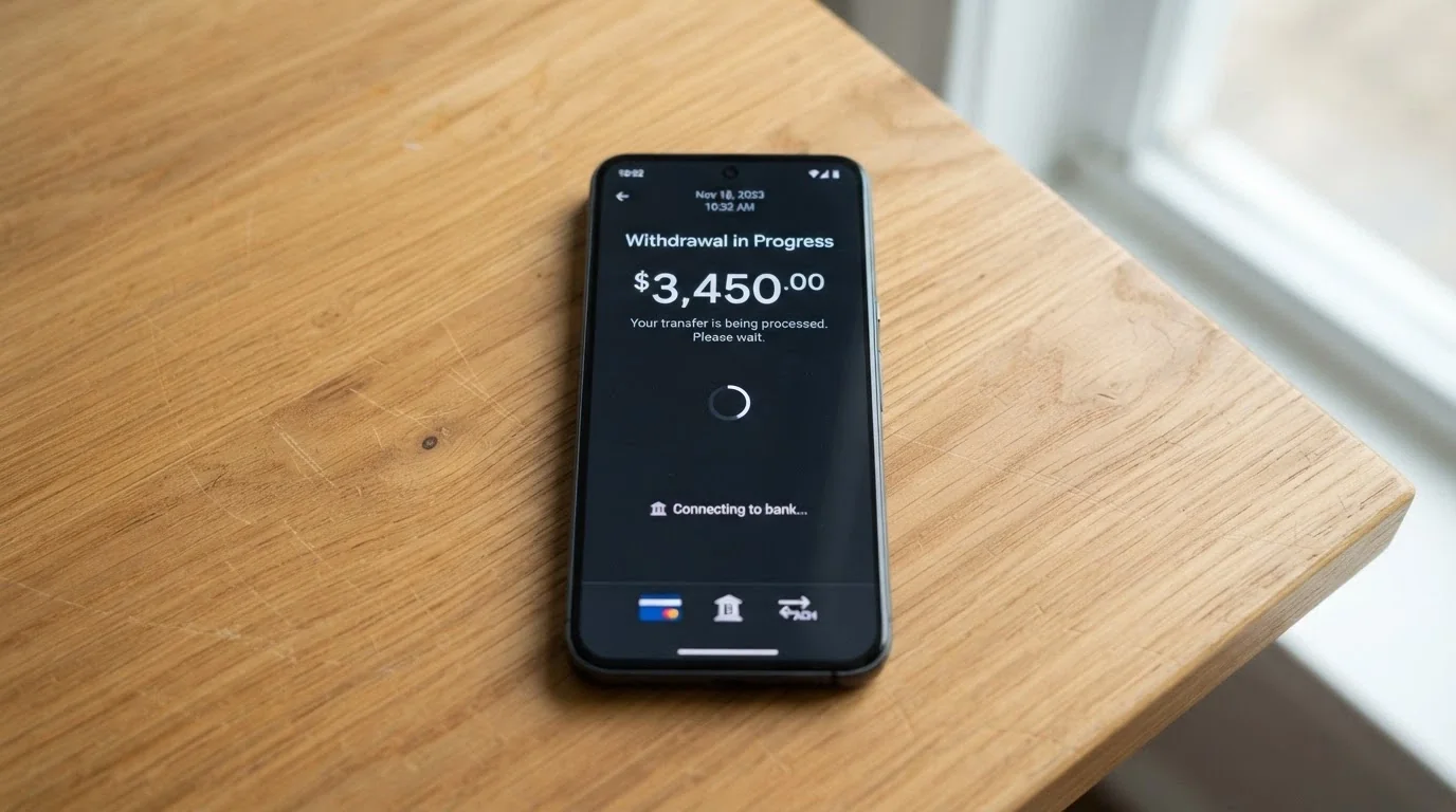 A smartphone displaying a withdrawal screen with a pending-status spinner beside a list of payment-method icons including debit card, bank transfer and PayID