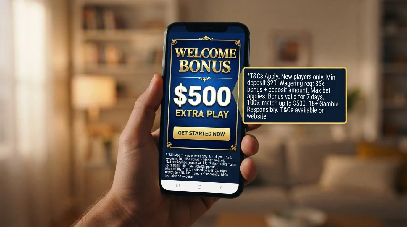 A smartphone screen showing a “A$2,000 Welcome Bonus” banner with fine-print terms overlaid in a magnified callout