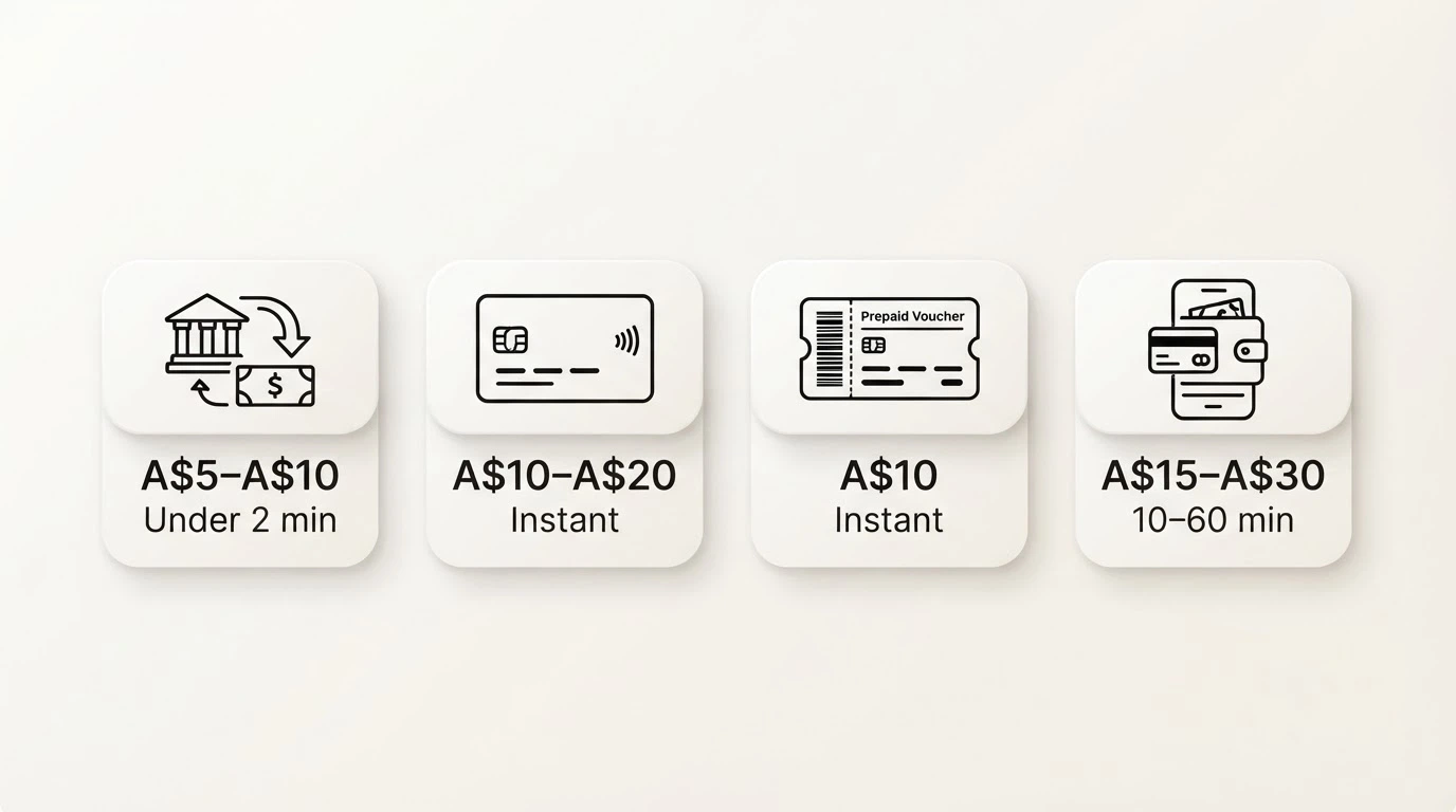 Four payment-method icons — PayID, a credit card, a crypto wallet and a Neosurf voucher — arranged beside their minimum-deposit figures and fee labels