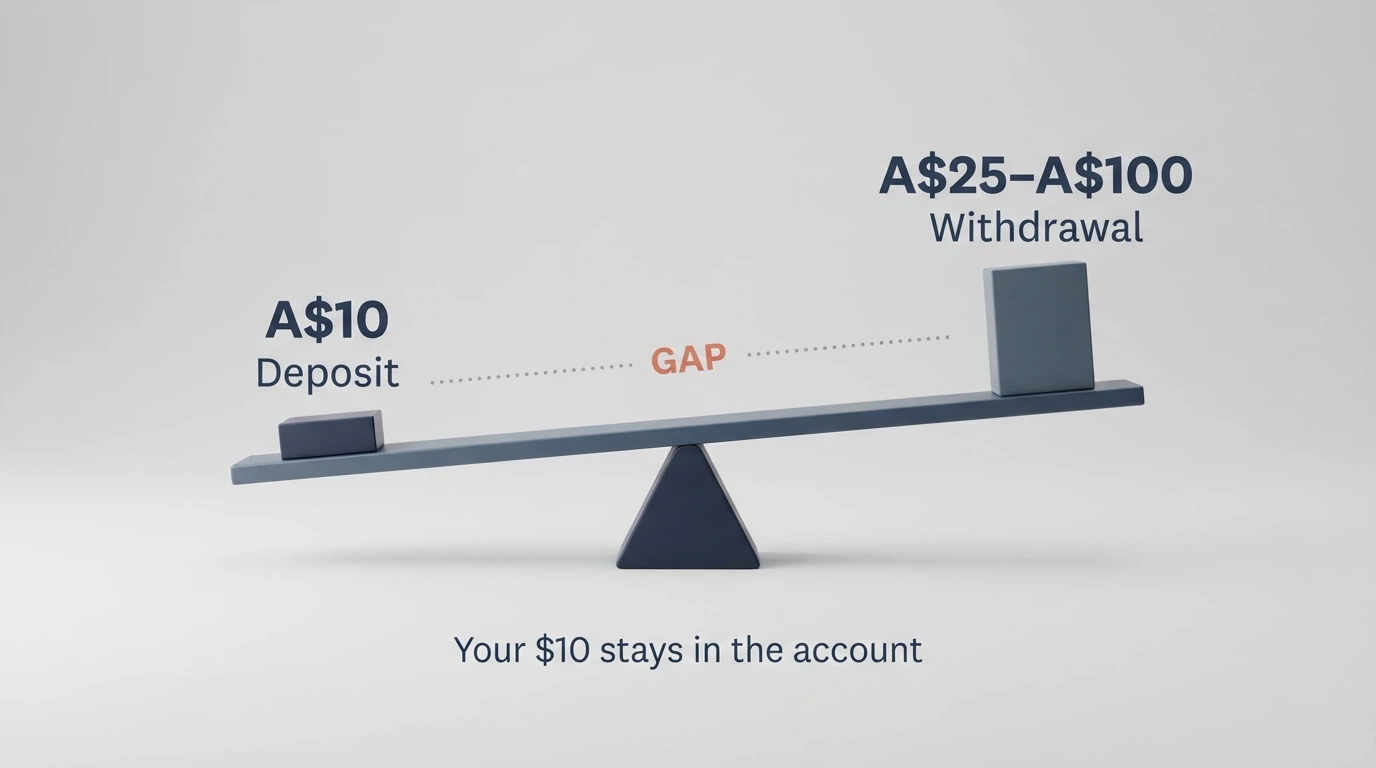 A visual scale showing a low A$10 deposit marker on one side and a much higher A$50 withdrawal marker on the other, with a gap highlighted between them