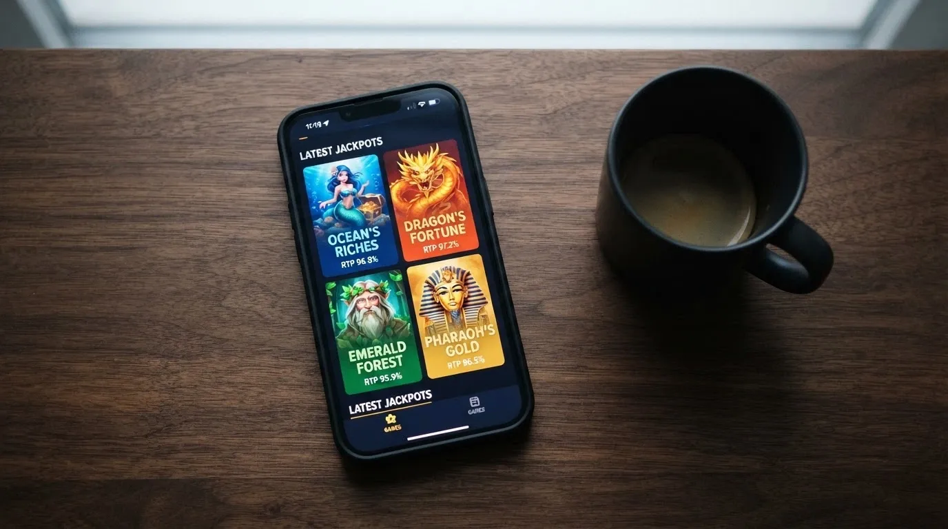 A grid arrangement of online pokies title cards — Big Bass Bonanza, Sweet Bonanza, Gates of Olympus and Wolf Gold — displayed on a phone screen with their RTP percentages overlaid.
