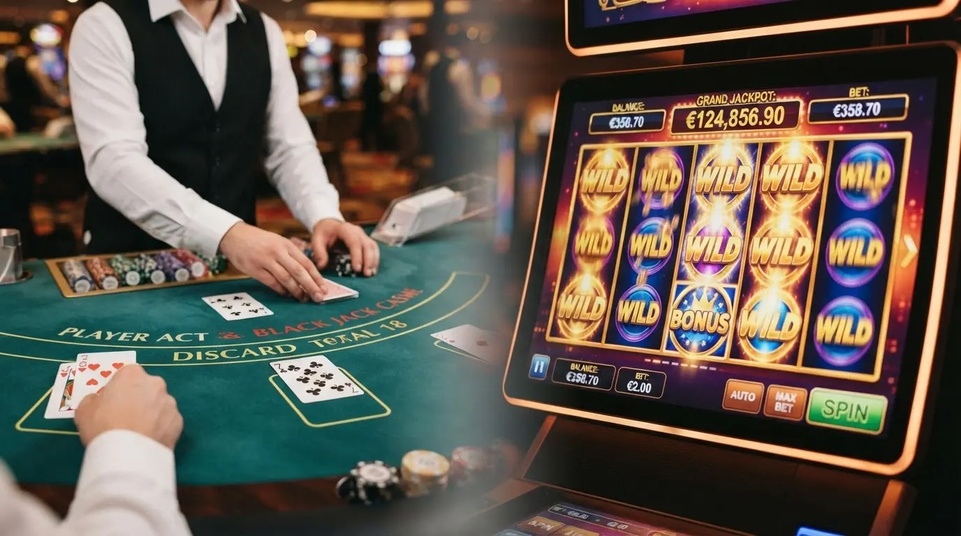 A split screen showing a live dealer blackjack table on one side and a colourful online pokie on the other