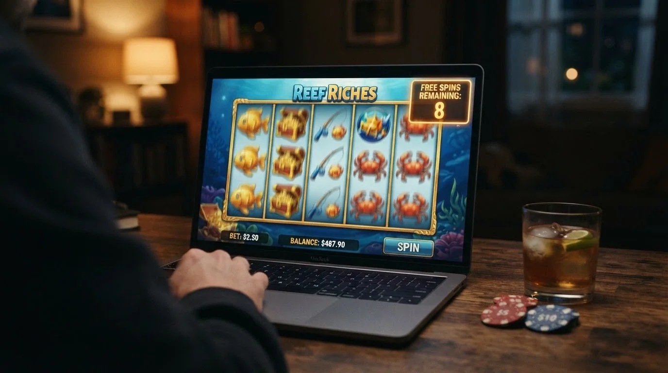A row of colourful online pokies reels in motion, with a free-spins counter overlay visible
