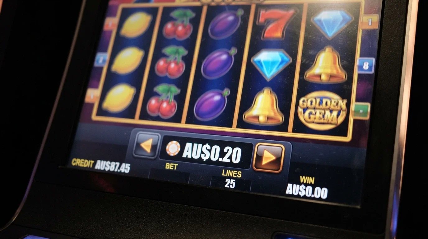 a close-up of a pokie game screen with the coin-value setting visible, showing $0.20 per spin