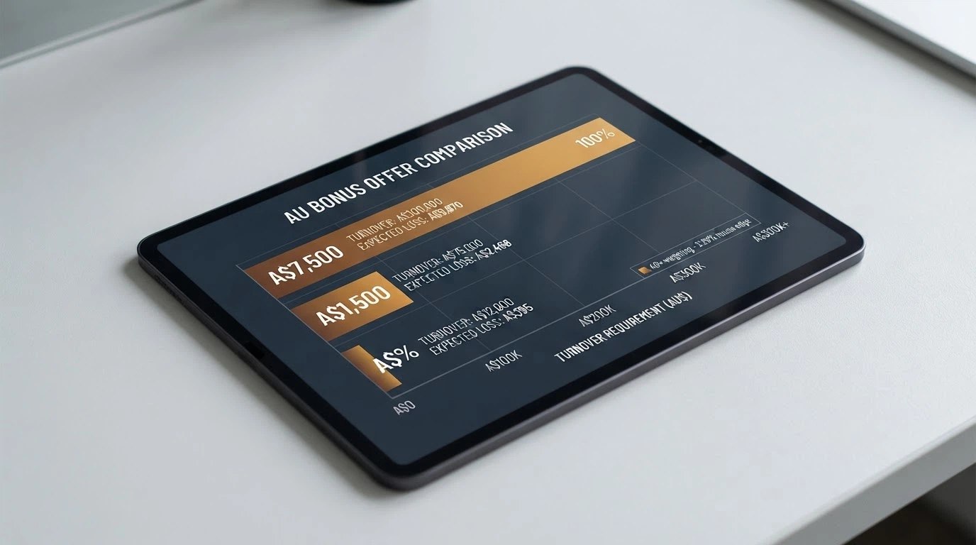 A visual breakdown of a bonus offer showing the wagering-multiplier chain: deposit amount, bonus match, turnover requirement and the real cost after house edge