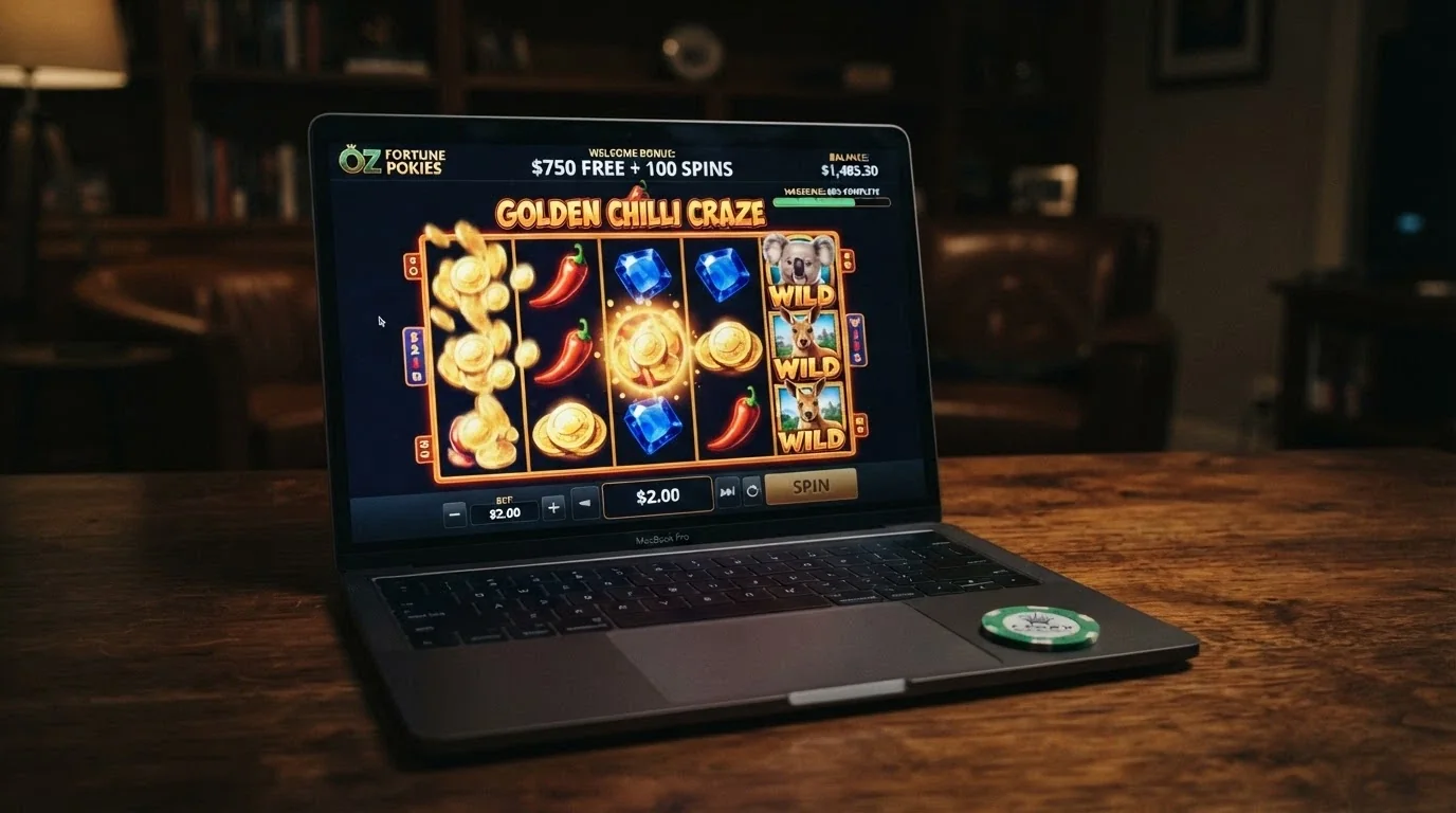 A row of online pokies reels spinning on screen with a welcome-bonus balance and wagering-progress bar displayed