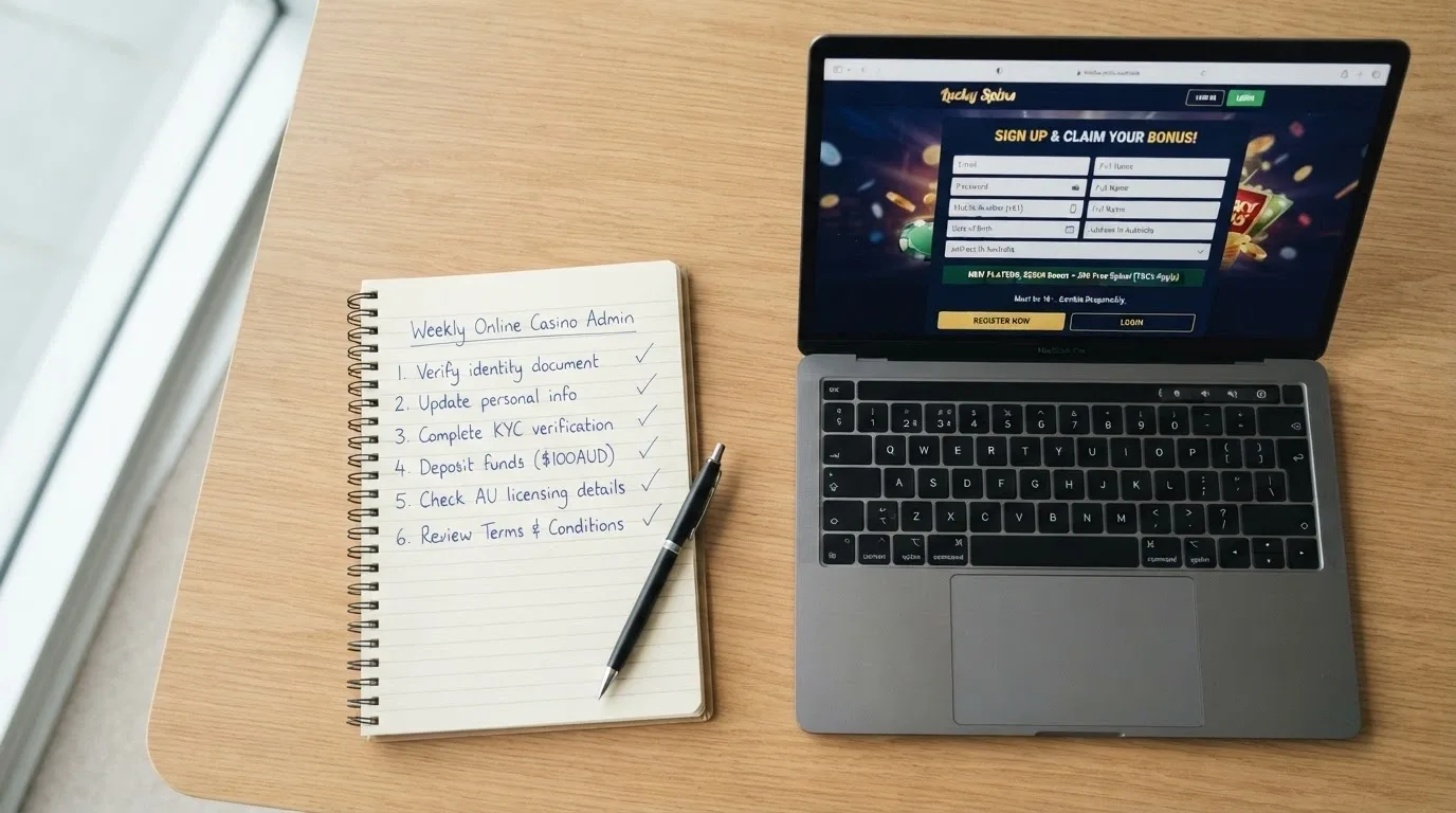 A notepad on a desk with a handwritten checklist of six items beside a laptop showing a casino sign-up page, a pen resting on the pad