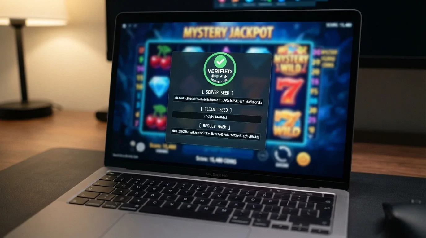 A close-up of a casino game screen with a provably fair verification panel open, showing the SHA-256 hash, server seed and client seed fields with a green “Verified” badge