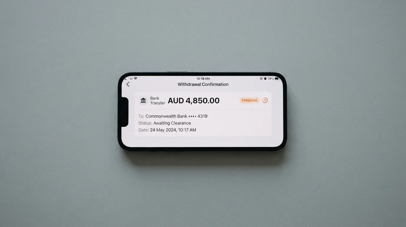 Phone screen displaying a withdrawal confirmation with Australian dollar amounts and a pending status indicator against a banking-app interface