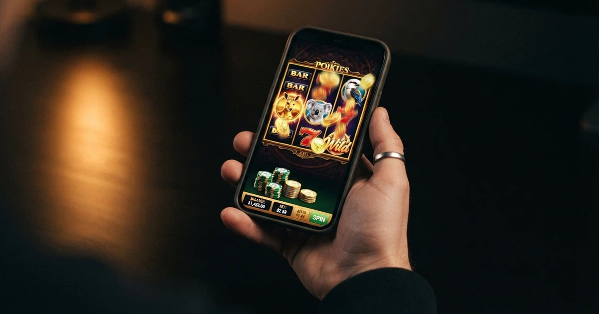a smartphone showing a pokies game with Australian-dollar chips on screen, against a dark background