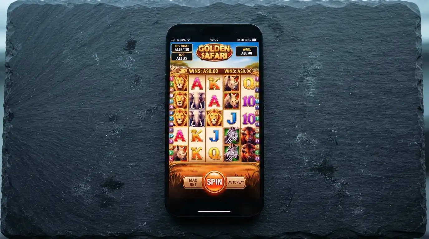 Smartphone displaying an Aristocrat pokie with an active real-money balance and a spin button