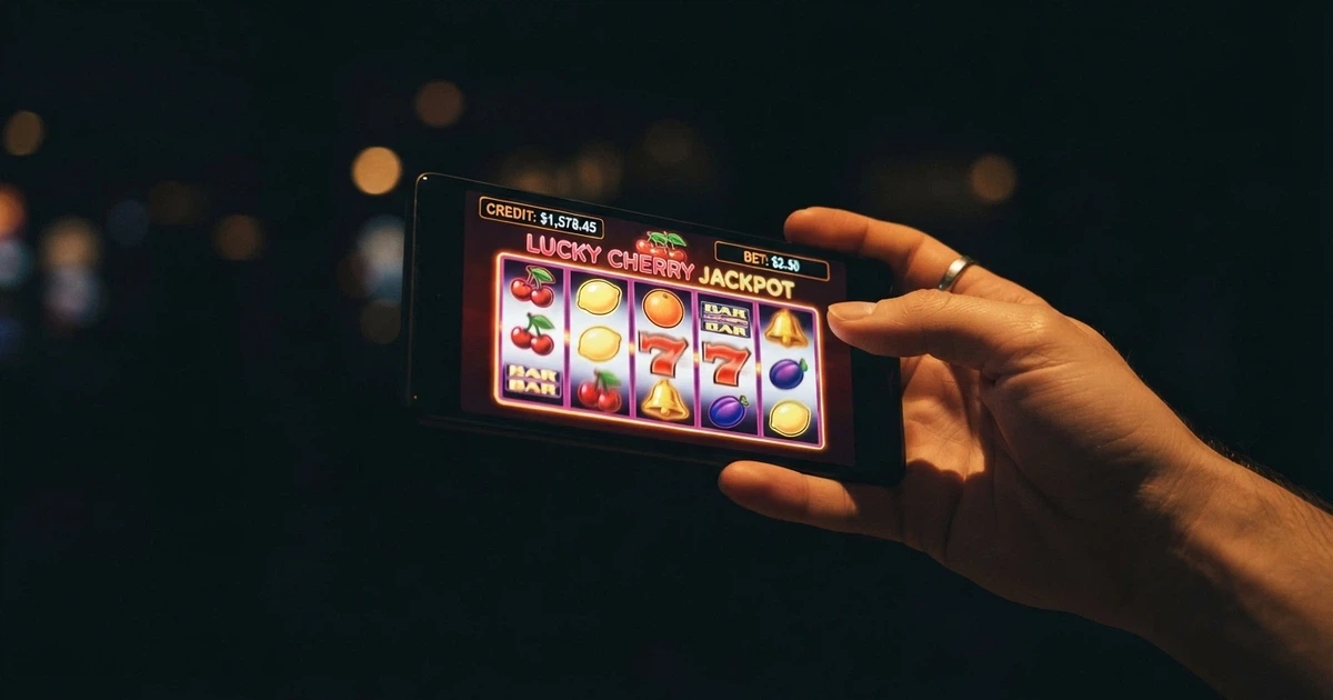 A smartphone screen displaying a colourful pokies game reel with Australian dollar stakes visible, held in a hand against a darkened background
