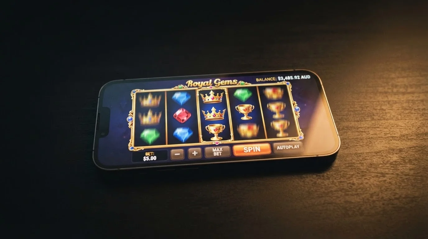 iPhone in landscape mode displaying a real-money pokie game with betting controls and a cash balance