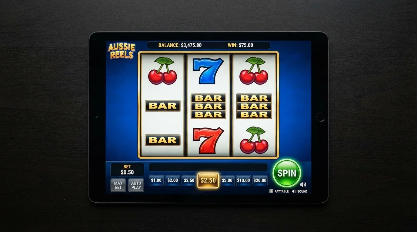 A 3-reel pokie screen in real-money mode showing the bet selector with AUD-denominated stakes and a highlighted spin button