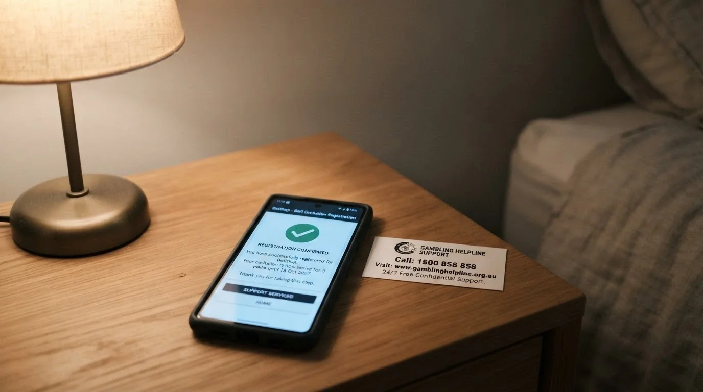 A smartphone showing the BetStop registration confirmation screen beside a gambling-helpline contact card