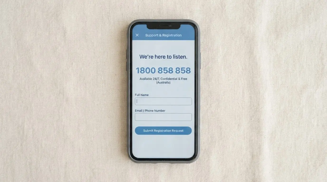Phone screen showing the National Gambling Helpline number 1800 858 858 and a self-exclusion registration form, with a calm, supportive visual tone