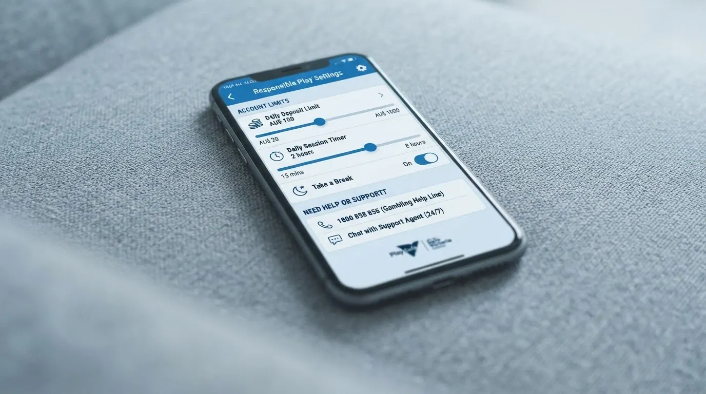 A smartphone screen showing a deposit-limit settings panel beside the BetStop and Gambling Help Online logos