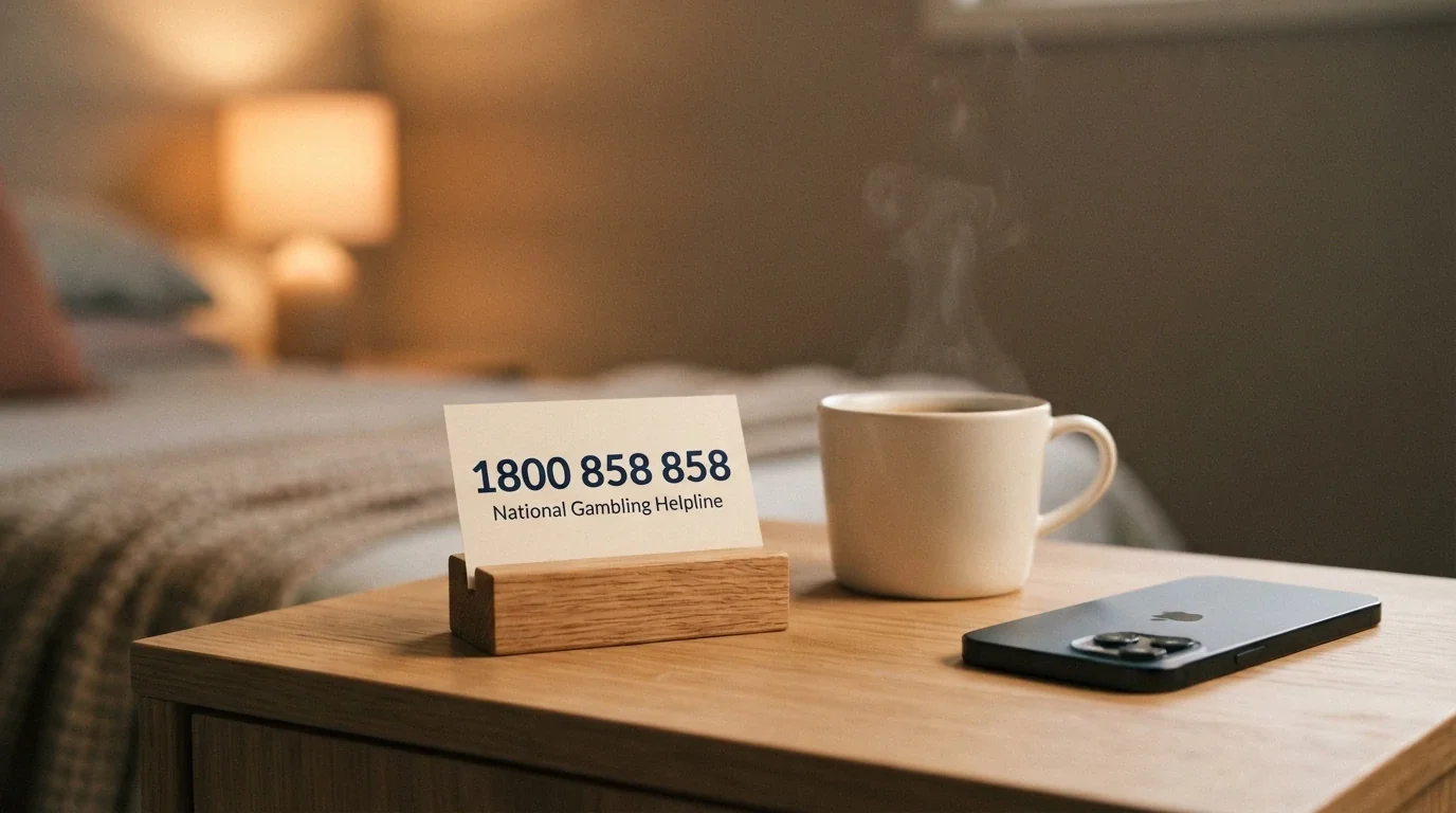 A helpline card with 1800 858 858 printed prominently, beside a phone and a cup of coffee