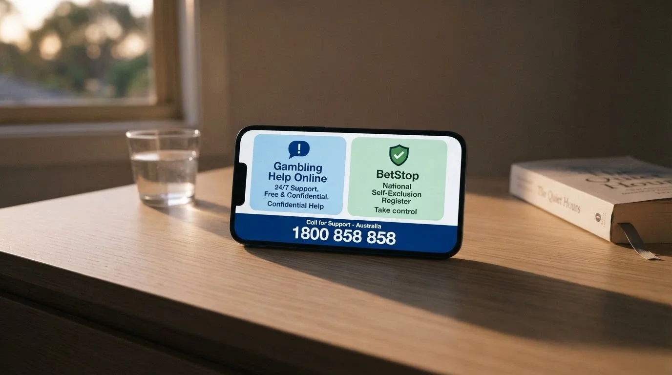 A phone screen showing the Gambling Help Online homepage and the BetStop registration page, side by side, with the 1800 858 858 helpline number prominent