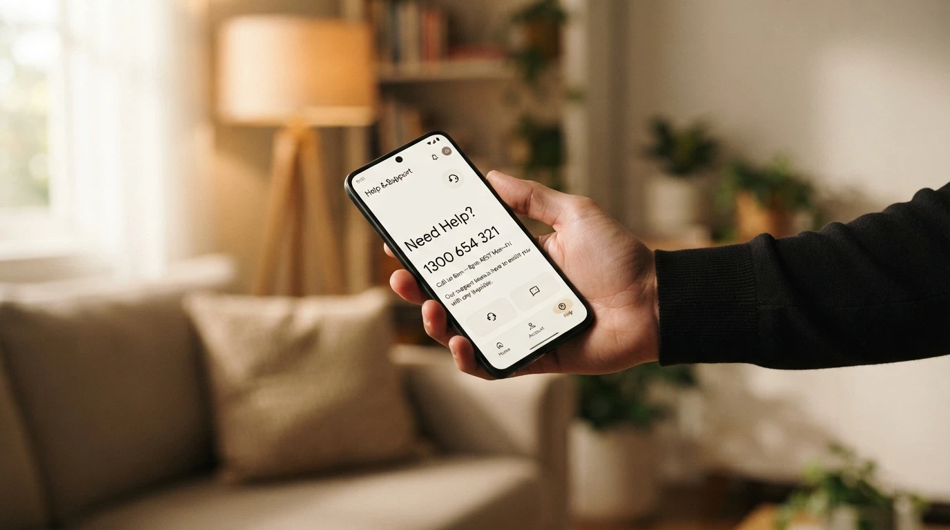 A smartphone screen displaying the Gambling Help Online homepage with the 1800 858 858 helpline number prominently visible