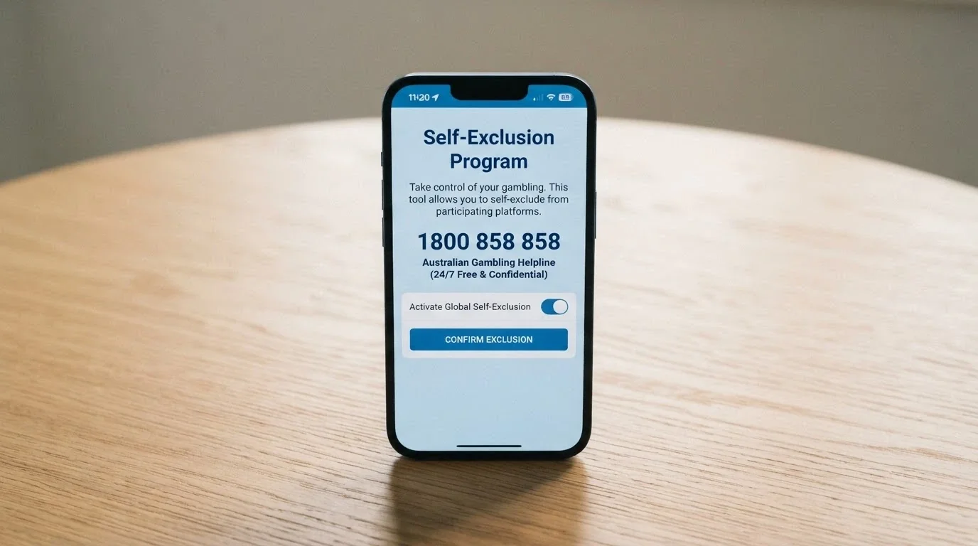 Australian Gambling Helpline number 1800 858 858 beside a self-exclusion interface