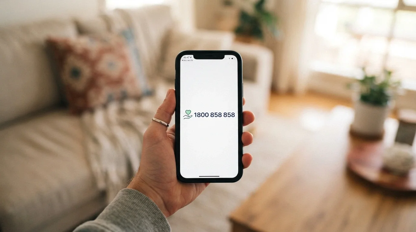 A mobile phone showing the number 1800 858 858 on screen, with the Gambling Help Online logo beside it