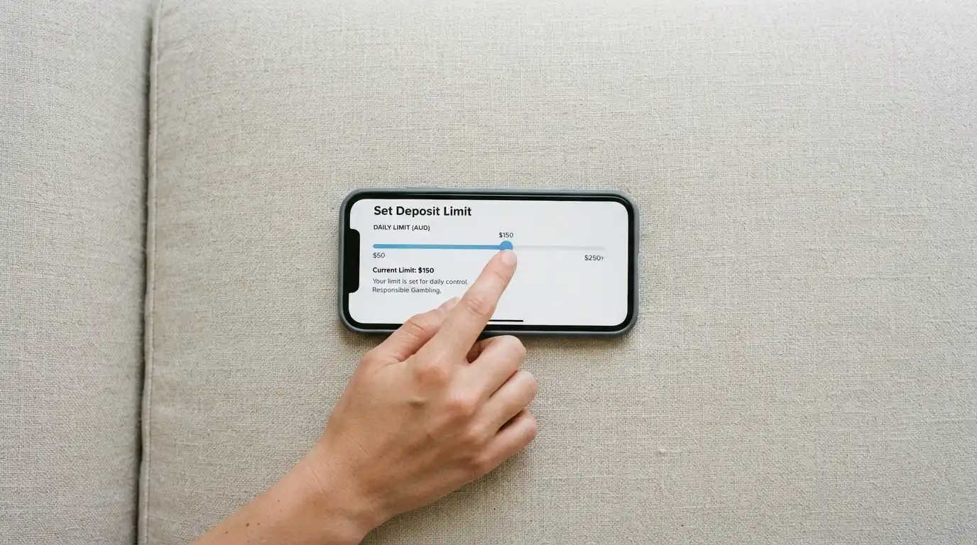 A person setting a deposit-limit slider on a responsible-gambling tool screen, calm and intentional