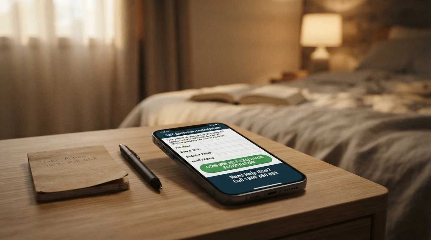 A phone displaying the number 1800 858 858 beside the BetStop logo and a self-exclusion form