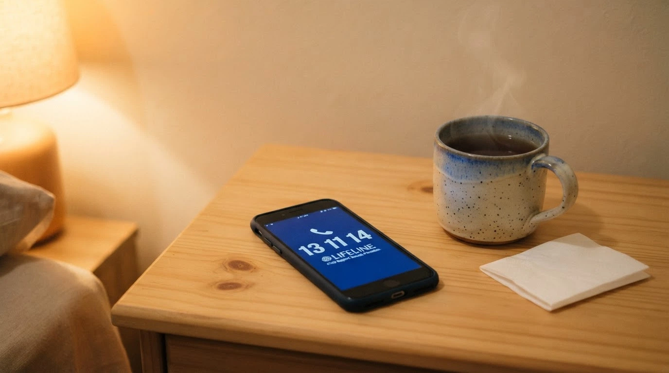 A warm, supportive visual: a phone screen showing the National Gambling Helpline number — 1800 858 858 — beside a cup of tea, conveying the help that is always available