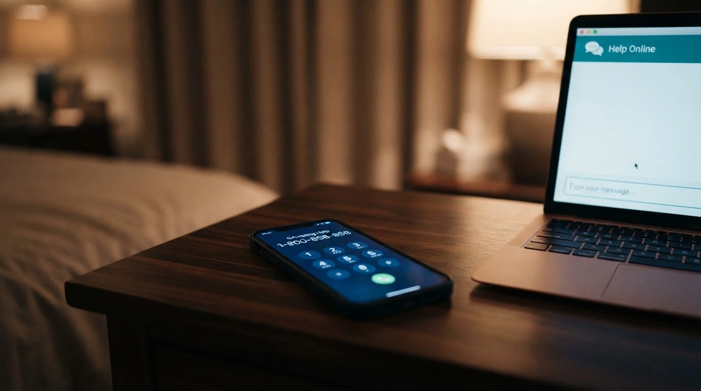 A close-up of a phone keypad with 1800 858 858 illuminated beside a computer screen showing the Gambling Help Online chat interface