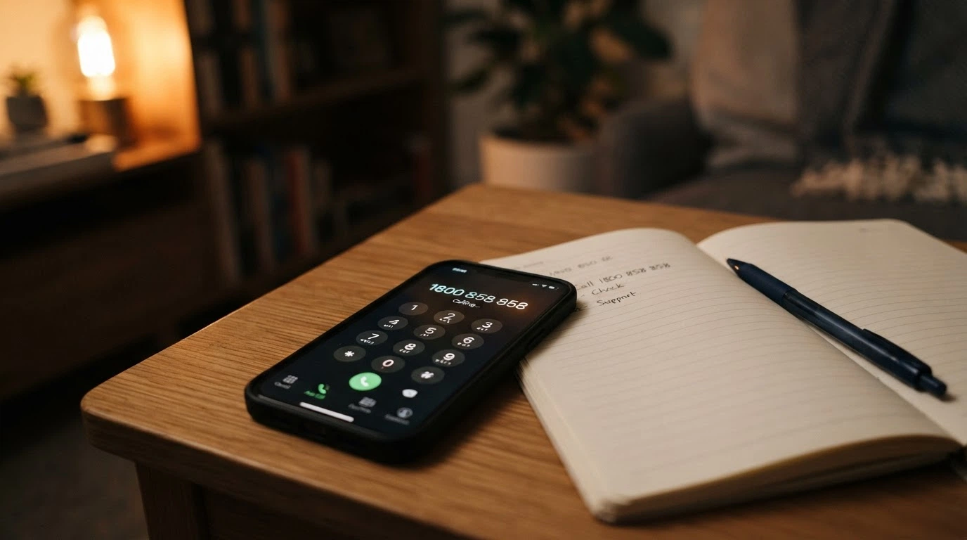 A close-up of a phone keypad with 1800 858 858 partially dialled, a notebook and pen beside it, warm domestic lighting
