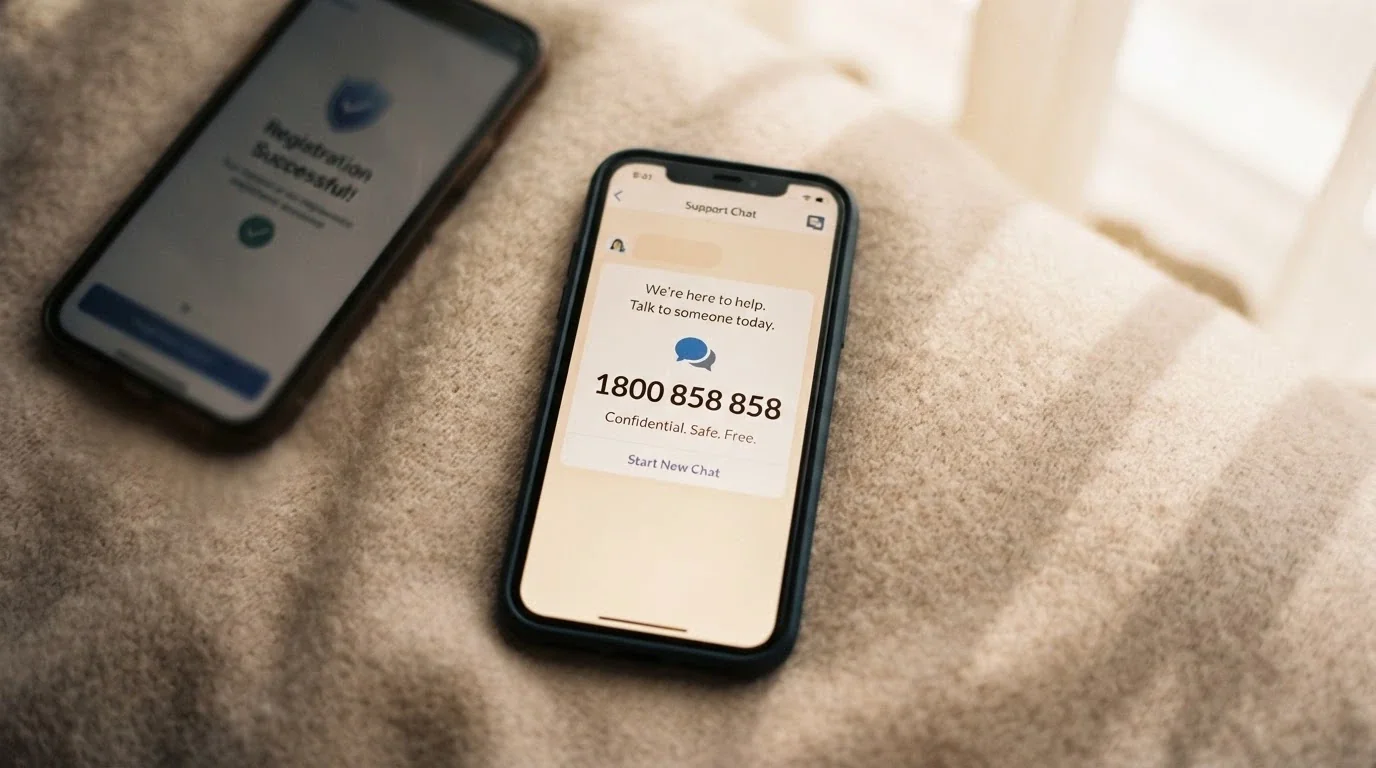 A close-up of a phone screen displaying the Gambling Help Online chat interface beside the 1800 858 858 helpline number, with a BetStop registration confirmation visible in the background