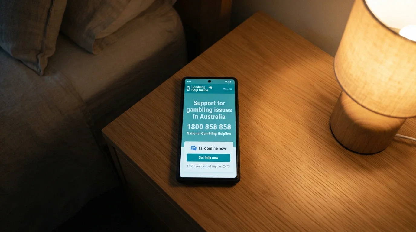 A smartphone screen showing the Gambling Help Online website with the 1800 858 858 National Gambling Helpline number prominently displayed
