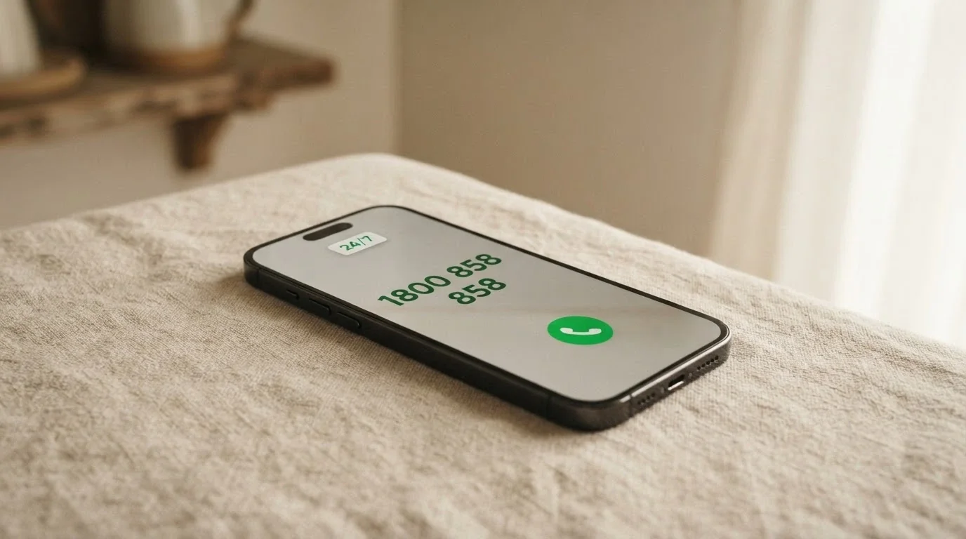 A phone screen displaying the National Gambling Helpline number 1800 858 858 with a green call button and a 24/7 availability badge, set against a calm, supportive background